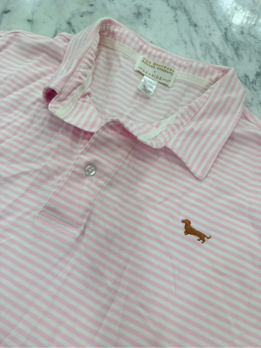 The Beaufort Bonnet x Seaside Style Southern Striped Polo Shirt with Dachshund